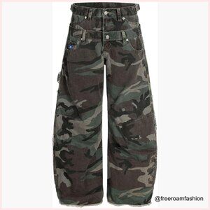 Double Waist Camo Cargo Pants, Straight Leg, 100% Cotton, Casual Wear